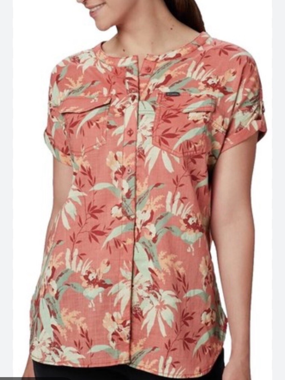 Columbia Camp Henry Cotton Shirt Floral Short-Sleeve Button Front Top in Coral
